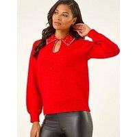 Roman Faux Pearl Collared Keyhole Knit Jumper - Red