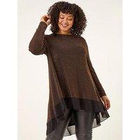 Roman Curve Glitter Chiffon Hem Tunic Top - Bronze