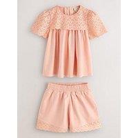 Laura Ashley Girls Broderie Short Sleeve Top & Shorts Set - Orange