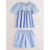 Laura Ashley Girls Broderie Short Sleeve Top & Shorts Set - Blue