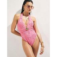 River Island Texture Shell Trim Swimsuit - Pink