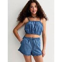 New Look 915 Girls Chambray Frill Shorts - Blue