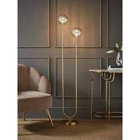 Valuelights Chessy Gold Metal Bar 2 Way Dual Floor Lamp With Amber Ribbed Glass Globe Shades