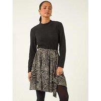 Roman Petite Animal Print Tie Front Knit Dress - Black