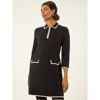 Roman Contrast Zip Collared Knit Dress - Black