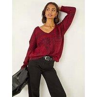 Roman Abstract Jacquard V-Neck Jumper - Red