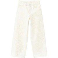 Mango Girls Floral Embroidered Wide Leg Denim Jeans - Cream