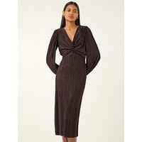 Roman Plisse Twist Front Midi Dress - Chocolate