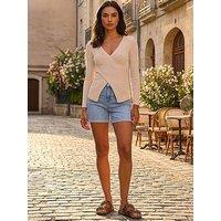 Roman Wrap Front Ribbed Knit Top - Stone