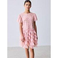Ted Baker Older Girls Embellished Short Sleeve Top And Frill Skirt Set - Pink