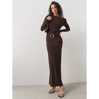 The Very Collection Off Shoulder Waist Detail Maxi Dress - Brown