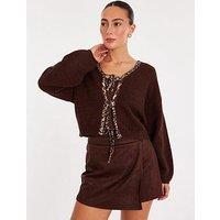 Quiz Brown Leopard Detail Tie Front Cardigan