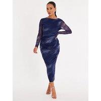 Quiz Petite Blue Printed Long Sleeve Midaxi Dress