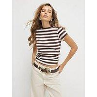 River Island Short Sleeve Fitted Stripe Rib Top - Brown