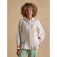 Joules Orla Embroidered Icons Pure Linen Long Sleeve Shirt - White