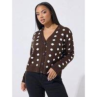 Yours Curve Polka Dot Knitted Carigan - Brown