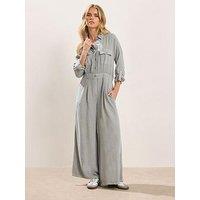 Pixiegirl Petite Acid Wash Wide Leg Jumpsuit - Grey