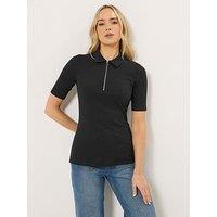 Long Tall Sally Ribbed Zip Fastening T-Shirt - Black