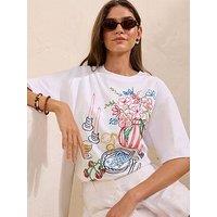 Friends Like These Printed & Embroidered Dinner Print T-Shirt - White