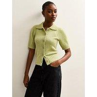 New Look Knitted Short Sleeve Collared Cardigan - Light Green