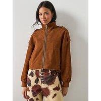 Allsaints Lowden Suede Cropped Jacket - Cognac Brown