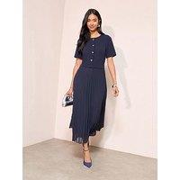 Friends Like These Button Through 2 In 1 Pleat Midi Dress - Navy