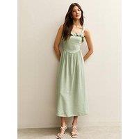 New Look Light Khaki Square Neck Frilly Trim Midi Dress