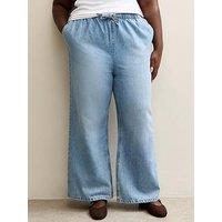 New Look Curves Drawstring Waist Pull On Wide Leg Jeans - Light Blue
