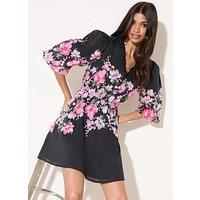 Friends Like These Puff Sleeve V-Neck Printed Mini Dress - Black