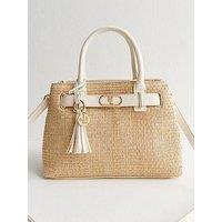 New Look Stone Raffia Look Triple Compartment Top Handle Bag
