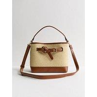 New Look Belted Woven Bucket Bag - Stone