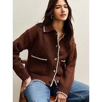 New Look Blanket Stitch Collared Cardigan - Brown
