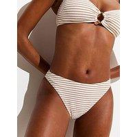 New Look Striped Crinkled High Leg Hipster Bikini Bottoms - Brown