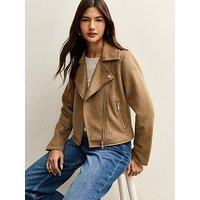 New Look Faux Suede Biker Jacket - Tan
