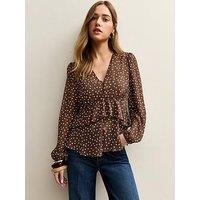New Look Polka Dot V- Neck Chiffon Tea Blouse - Dark Brown