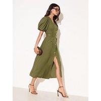 Friends Like These Olive Linen Button Through Belted Midi - Green