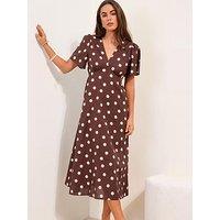 Friends Like These Linen Blend V Neck Flutter Sleeve Spot Midi - Brown