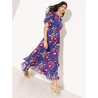 Friends Like These Print Puff Sleeve Tiered Hem Midi Dress - Navy