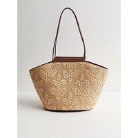 New Look Stone Floral Raffia Tote Bag - Stone
