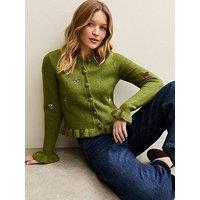 New Look Embroidered Butterfly Frill Hem Cardigan - Green