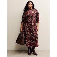 New Look Curves Floral Cropped Sleeve Midi Dress - Burgundy