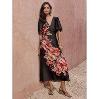 Friends Like These V Neck All Over Floral Satin Midi Dress - Black