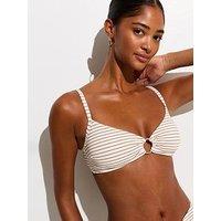 New Look Striped Crinkled O Ring Bikini Top - Brown