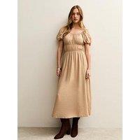 New Look Milkmaid Short Puff Sleeve Midi Dress - Camel