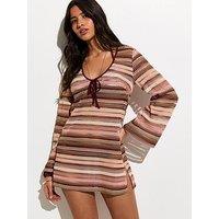 New Look Striped Crochet Kaftan Beach Mini Dress - Pink