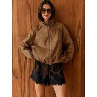 Friends Like These Faux Suede Zip Thru Drawstring Hem - Brown