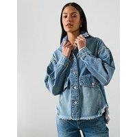 Allsaints Hettie Frayed Hem Stud Denim Shacket - Vintage Indigo