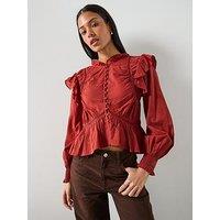 Allsaints Lima Long Sleeve Ruffle Peplum Top - Paprika Red