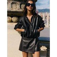 Friends Like These Faux Leather Collarless Bubble Hem Jacket- Black
