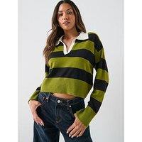 Only Long Sleeve Striped Knitted Polo Top - Green